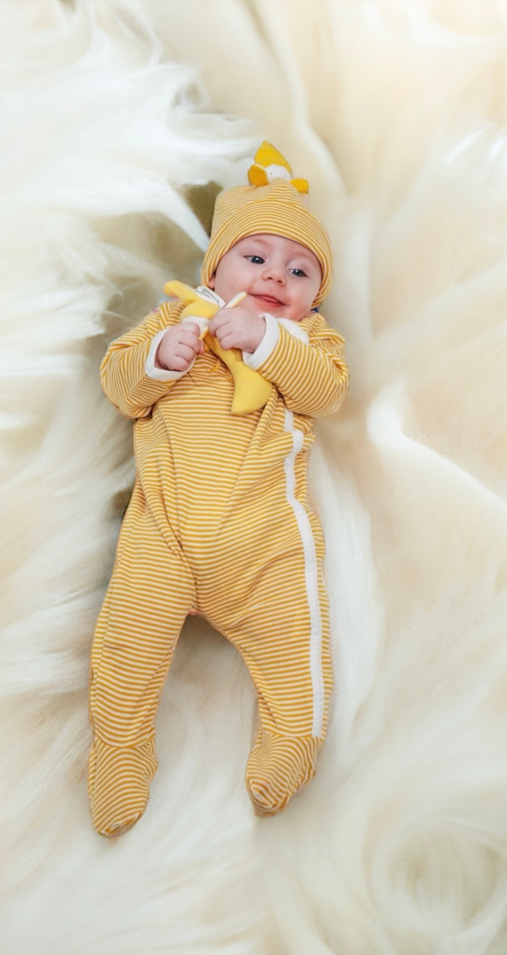 Side Snap Baby Onesie - Yellow Stripe W/ Banana Embroidery